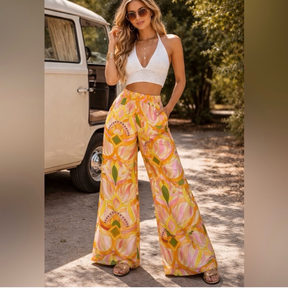 ANIMARI Retro boho hippie chic maximalist print Wide Leg Pants M 6 8